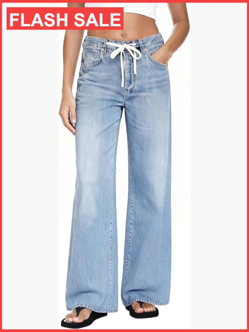 Wide Leg Denim Jeans for Women Drawstring High Rise Baggy Pants